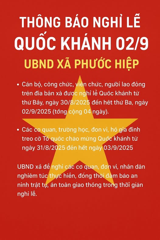 THÔNG BÁO NGHỈ LỄ QUỐC KHÁNH 02/9/2025